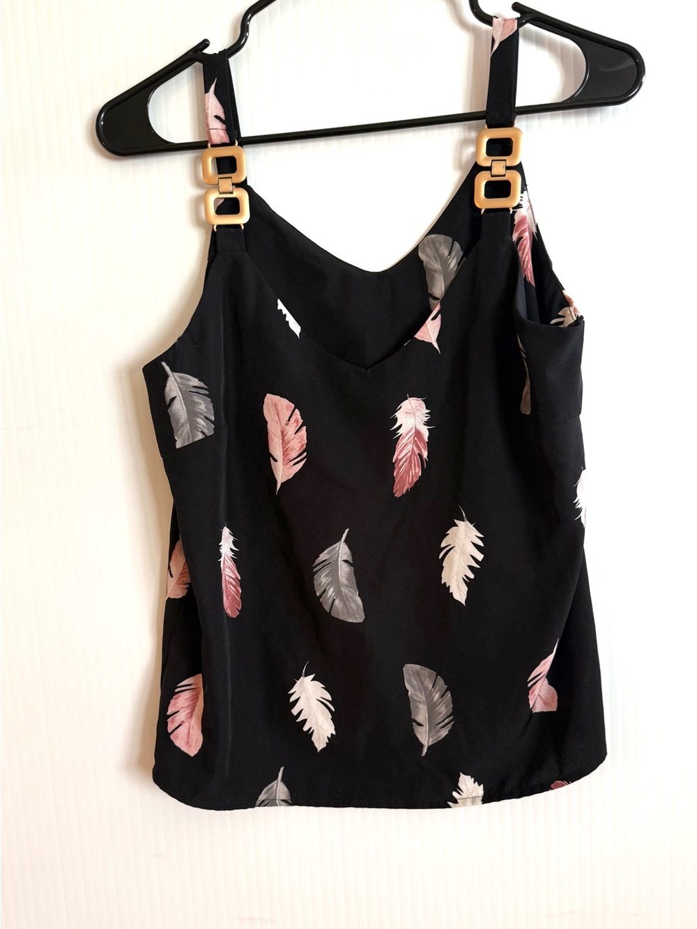 SHEIN Black Feather-Print Cami with Gold Buckle Straps SZ Med
